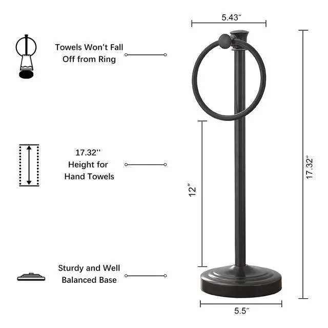 Alt view image 7 of 7 - Hand Towel Holder Free Standing Towel Bar Oil Rubbed Bronze | Hanging Floor Hand Towel Rack Ring, for Bathroom Kitchen Vanity Countertops, Hardware Accessories SUS 304 Heavy-Duty Base