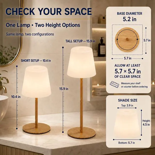 Alt view image 2 of 7 - IP65 Waterproof Shower Lamp, Rechargeable Cordless Table Lamp, Wood Grain | 4000mAh Battery Operated Lamp, Spa-Like Glow for Showers, Vanity, Bedside and Patios; 3 Color Temperatures, Touch Dimming