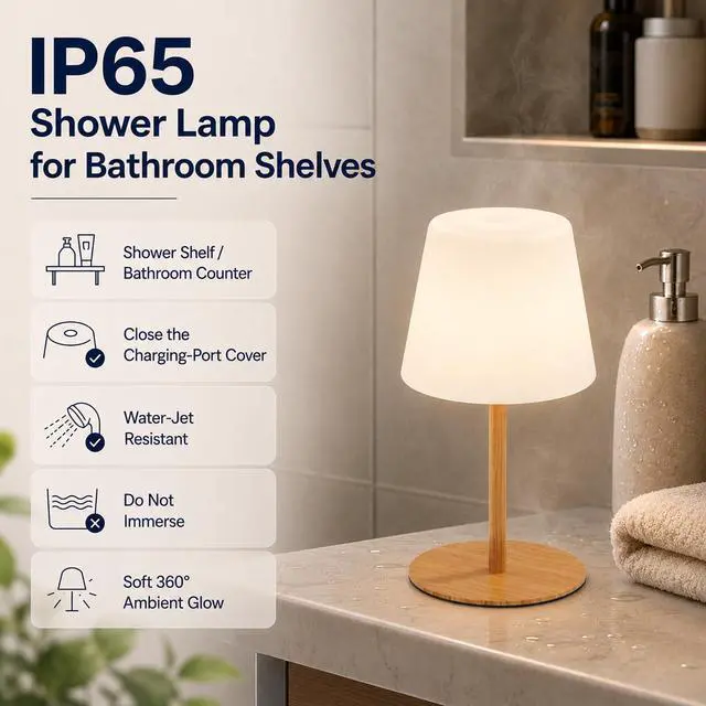 Alt view image 3 of 7 - IP65 Waterproof Shower Lamp, Rechargeable Cordless Table Lamp, Wood Grain | 4000mAh Battery Operated Lamp, Spa-Like Glow for Showers, Vanity, Bedside and Patios; 3 Color Temperatures, Touch Dimming