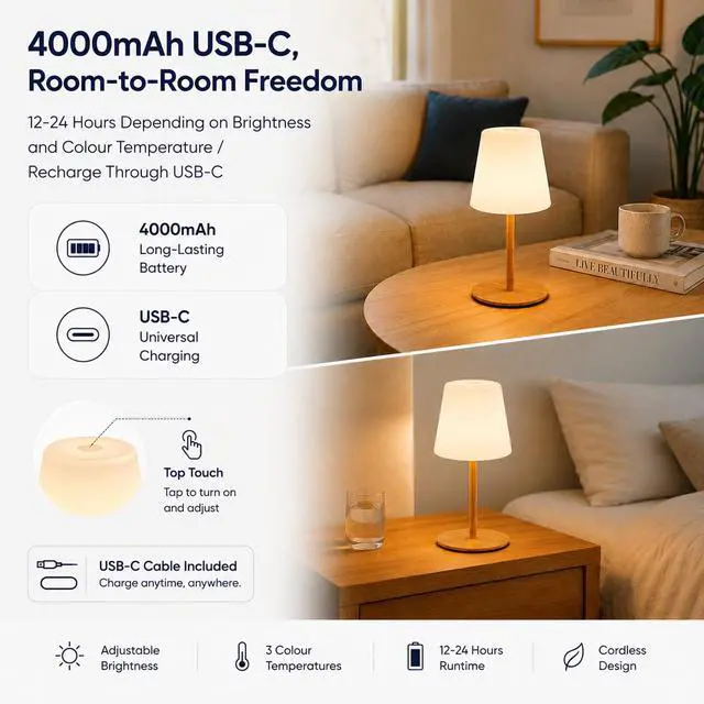 Alt view image 4 of 7 - IP65 Waterproof Shower Lamp, Rechargeable Cordless Table Lamp, Wood Grain | 4000mAh Battery Operated Lamp, Spa-Like Glow for Showers, Vanity, Bedside and Patios; 3 Color Temperatures, Touch Dimming