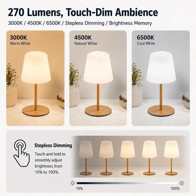 Alt view image 5 of 7 - IP65 Waterproof Shower Lamp, Rechargeable Cordless Table Lamp, Wood Grain | 4000mAh Battery Operated Lamp, Spa-Like Glow for Showers, Vanity, Bedside and Patios; 3 Color Temperatures, Touch Dimming