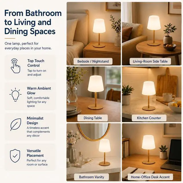 Alt view image 6 of 7 - IP65 Waterproof Shower Lamp, Rechargeable Cordless Table Lamp, Wood Grain | 4000mAh Battery Operated Lamp, Spa-Like Glow for Showers, Vanity, Bedside and Patios; 3 Color Temperatures, Touch Dimming