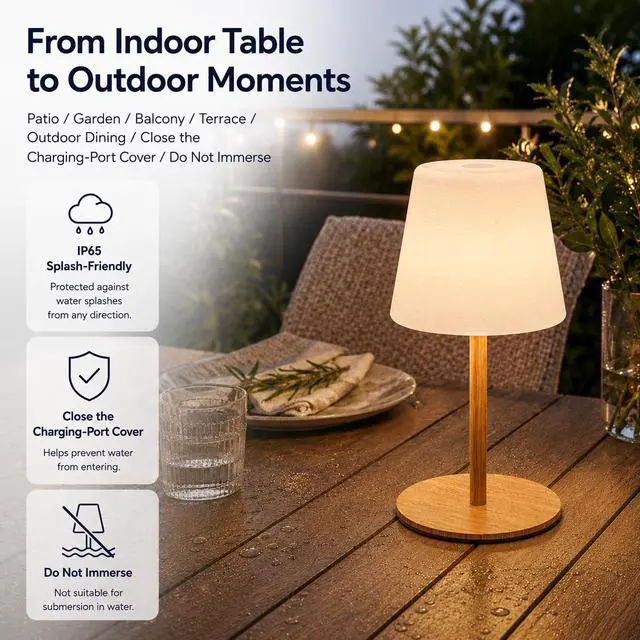 Alt view image 7 of 7 - IP65 Waterproof Shower Lamp, Rechargeable Cordless Table Lamp, Wood Grain | 4000mAh Battery Operated Lamp, Spa-Like Glow for Showers, Vanity, Bedside and Patios; 3 Color Temperatures, Touch Dimming