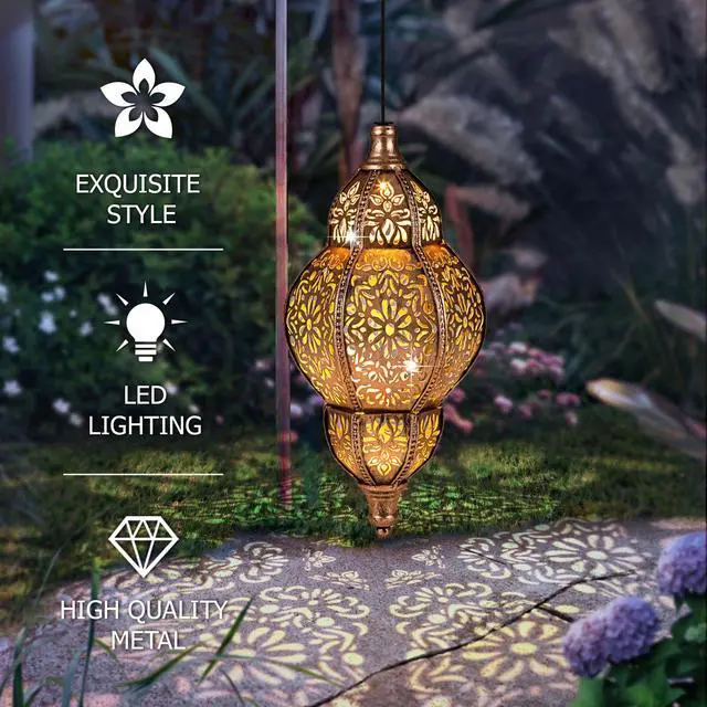 Alt view image 2 of 7 - Hanging Solar Lantern Outdoor Decor, Moroccan Solar Lights for Outside Garden Decorations, Waterproof Solar Lanterns Garden Gifts for Mom, Women, Patio, Yard Ornament (Coppers)