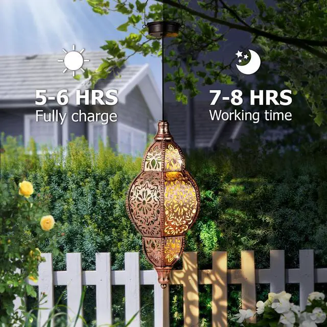 Alt view image 3 of 7 - Hanging Solar Lantern Outdoor Decor, Moroccan Solar Lights for Outside Garden Decorations, Waterproof Solar Lanterns Garden Gifts for Mom, Women, Patio, Yard Ornament (Coppers)