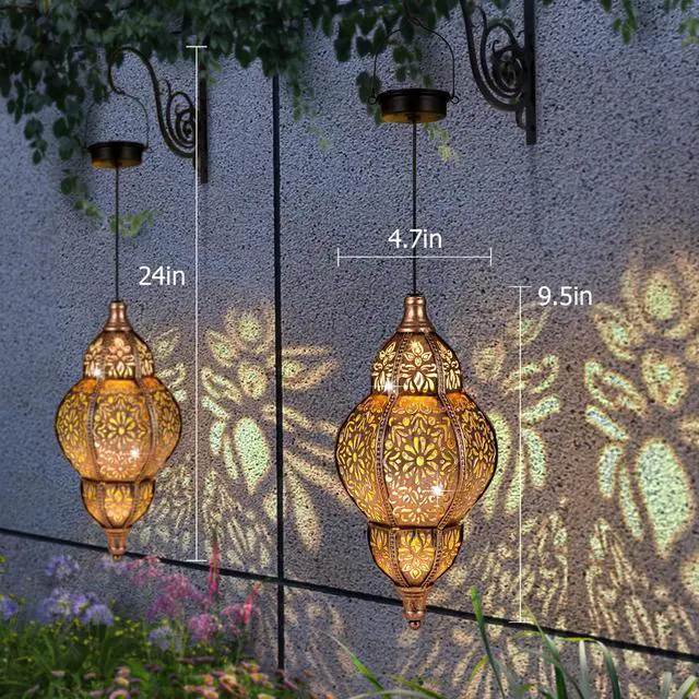 Alt view image 5 of 7 - Hanging Solar Lantern Outdoor Decor, Moroccan Solar Lights for Outside Garden Decorations, Waterproof Solar Lanterns Garden Gifts for Mom, Women, Patio, Yard Ornament (Coppers)
