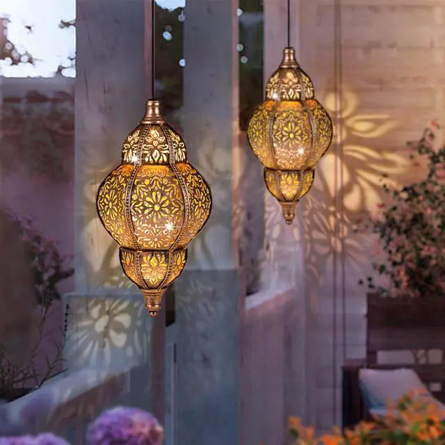 Alt view image 6 of 7 - Hanging Solar Lantern Outdoor Decor, Moroccan Solar Lights for Outside Garden Decorations, Waterproof Solar Lanterns Garden Gifts for Mom, Women, Patio, Yard Ornament (Coppers)