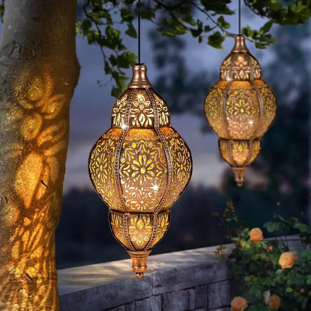 Alt view image 7 of 7 - Hanging Solar Lantern Outdoor Decor, Moroccan Solar Lights for Outside Garden Decorations, Waterproof Solar Lanterns Garden Gifts for Mom, Women, Patio, Yard Ornament (Coppers)