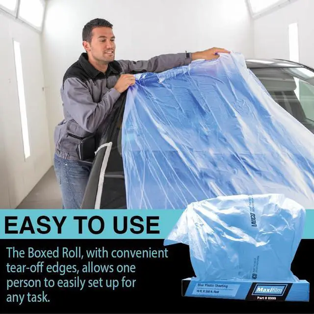 Alt view image 7 of 7 - MAXIFILM 16ft x 350ft Roll of Blue Overspray Paintable Masking Plastic Sheeting -8 Micron, 0.3 Mil, Protective Masking Film Cover, Auto Painting, Cover Cloth Home Walls Furniture (1, 16ft x 350ft)