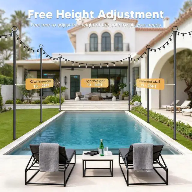 Alt view image 5 of 7 - 4 Pack String Light Poles for Outside, 10Ft Light Poles for Outdoor String Lights, Adjustable Outdoor String Light Poles with Fork,Metal Fence Post for Patio,Backyard,Deck