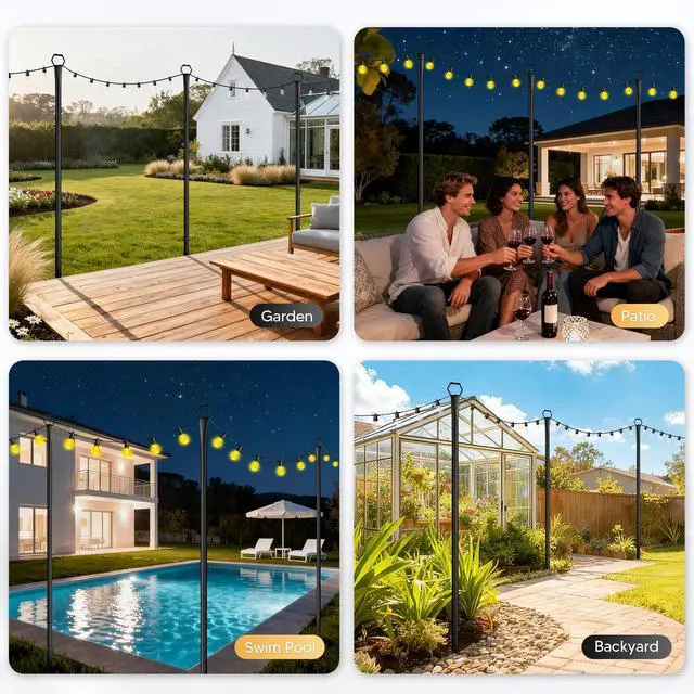 Alt view image 6 of 7 - 4 Pack String Light Poles for Outside, 10Ft Light Poles for Outdoor String Lights, Adjustable Outdoor String Light Poles with Fork,Metal Fence Post for Patio,Backyard,Deck