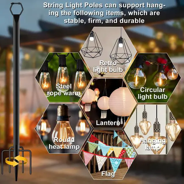 Alt view image 7 of 7 - 4 Pack String Light Poles for Outside, 10Ft Light Poles for Outdoor String Lights, Adjustable Outdoor String Light Poles with Fork,Metal Fence Post for Patio,Backyard,Deck