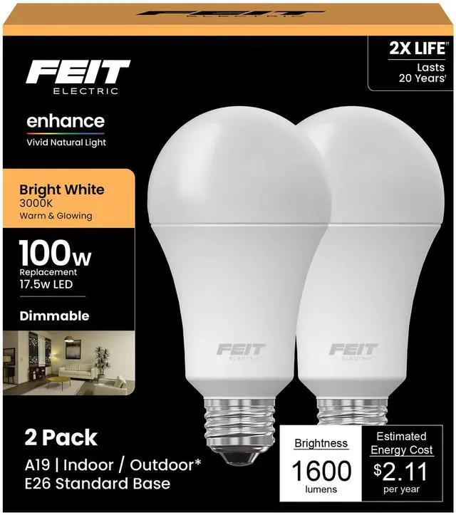 Main image of Enhance A19 LED Light Bulb, 100W Eq, Bright White, 2 Pack