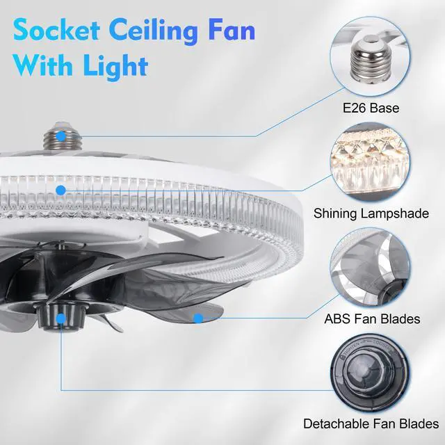 Alt view image 6 of 6 - Socket Ceiling Fan Light,Bulb Socket Fan with Remote,Dimmable E26 Base Ceiling Fans with Lights for Bedroom,Screw in Fan and Light Combo,Mini Small Ceiling Fan with Light,Recessed Light Fan Lamp