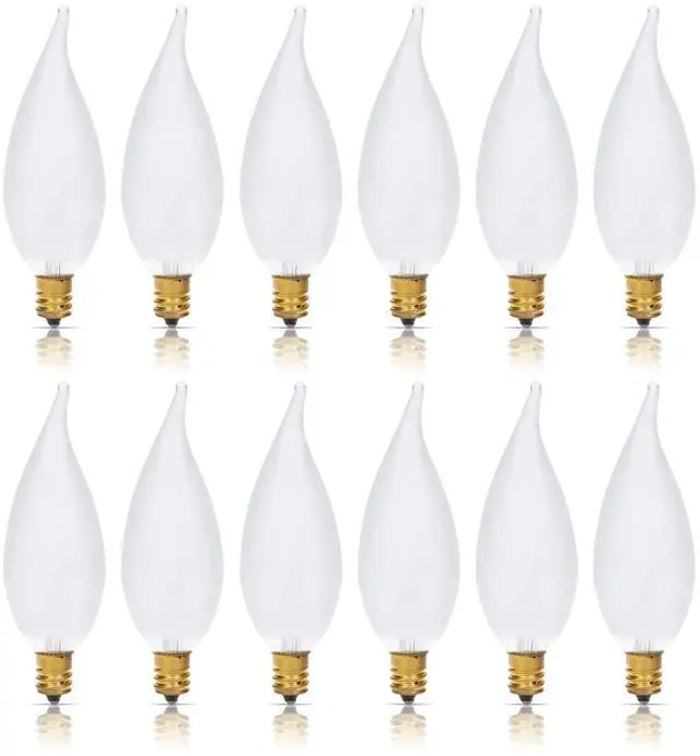 Main image of Candelabra Flame Tip Frosted CA10 40W E12 Base 120V, 12 Pack | Decorative Incandescent Light Bulbs for Chandeliers, Ceiling Fan Lights, Pendants, Wall Sconces, Dimmable, Warm White 2700K