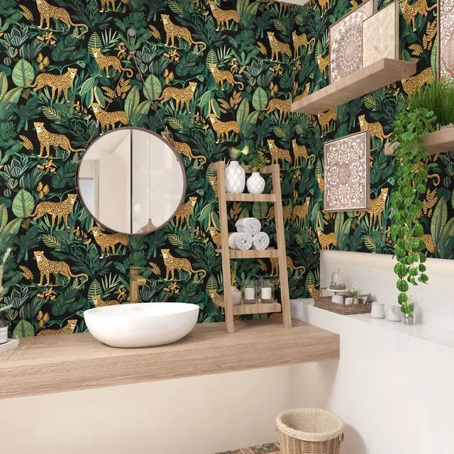 Alt view image 4 of 6 - Black Gold Vintage Leopard Peel and Stick Wallpaper 17.5" x 393" | Waterproof Vinyl Self Adhesive Removable Renter Friendly Floral Contact Paper