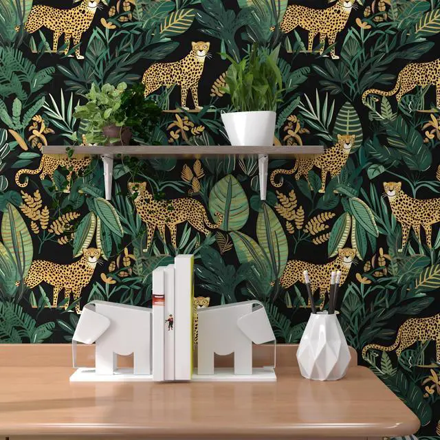 Alt view image 6 of 6 - Black Gold Vintage Leopard Peel and Stick Wallpaper 17.5" x 393" | Waterproof Vinyl Self Adhesive Removable Renter Friendly Floral Contact Paper