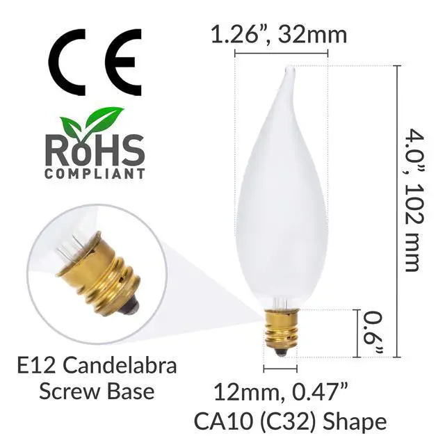 Alt view image 4 of 7 - Candelabra Flame Tip Frosted CA10 40W E12 Base 120V, 12 Pack | Decorative Incandescent Light Bulbs for Chandeliers, Ceiling Fan Lights, Pendants, Wall Sconces, Dimmable, Warm White 2700K