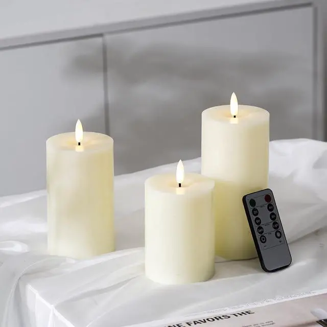 Alt view image 2 of 7 - Ivory Flameless Candles with Remote and Timer, Real Wax Made LED Pillar Candles Battery Operated with 3D Flickering Flame - 3" x 4",5",6" - Set of 3