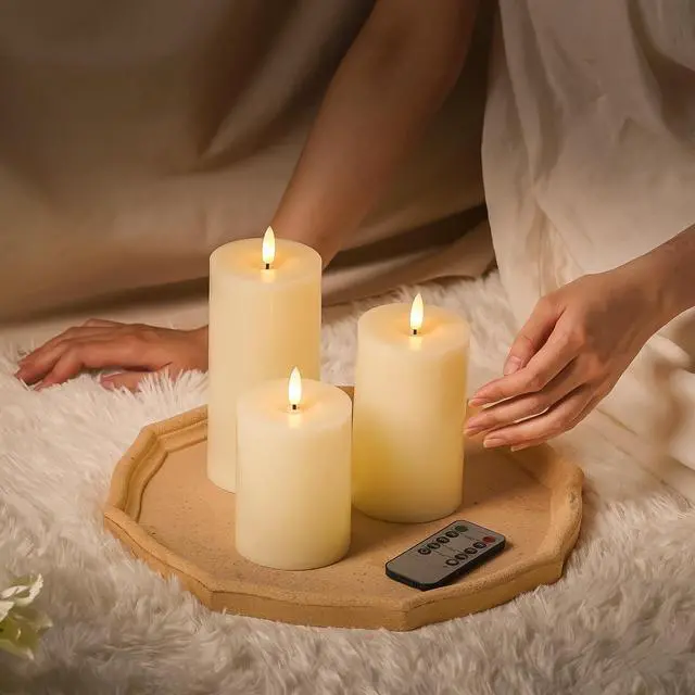 Alt view image 3 of 7 - Ivory Flameless Candles with Remote and Timer, Real Wax Made LED Pillar Candles Battery Operated with 3D Flickering Flame - 3" x 4",5",6" - Set of 3