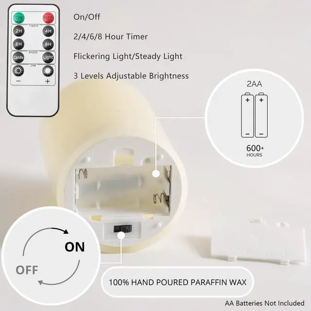Alt view image 6 of 7 - Ivory Flameless Candles with Remote and Timer, Real Wax Made LED Pillar Candles Battery Operated with 3D Flickering Flame - 3" x 4",5",6" - Set of 3