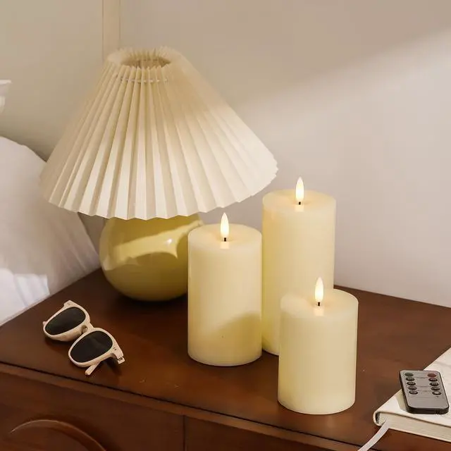 Alt view image 4 of 7 - Ivory Flameless Candles with Remote and Timer, Real Wax Made LED Pillar Candles Battery Operated with 3D Flickering Flame - 3" x 4",5",6" - Set of 3