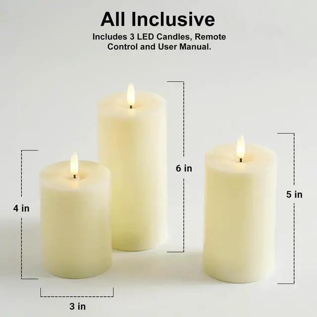 Alt view image 7 of 7 - Ivory Flameless Candles with Remote and Timer, Real Wax Made LED Pillar Candles Battery Operated with 3D Flickering Flame - 3" x 4",5",6" - Set of 3