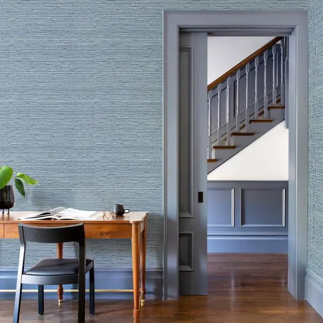 Alt view image 3 of 6 - Grasscloth Peel and Stick Wallpaper 17.3" x 394" Blue Textured Grasscloth Wall Paper Renter Friendly Wallpaper Self Adhesive Removable for Bathroom Bedroom