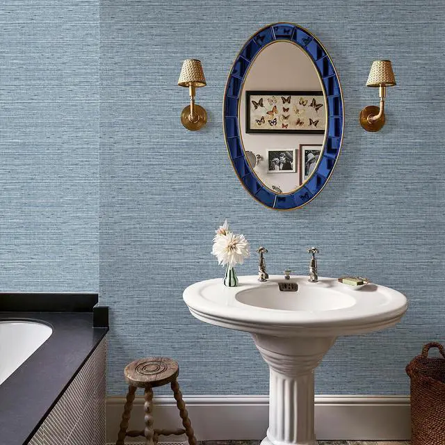 Alt view image 6 of 6 - Grasscloth Peel and Stick Wallpaper 17.3" x 394" Blue Textured Grasscloth Wall Paper Renter Friendly Wallpaper Self Adhesive Removable for Bathroom Bedroom