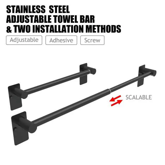 Alt view image 2 of 6 - Towel Bar, Adhesive or Drill Wall Mount, Matte Black, 1 Pack | Adjustable 14.4 to 25.2 Inch, 304 Stainless Steel Hand Towel Holder, Square Base Towel Racks for Bathroom, Kitchen Use