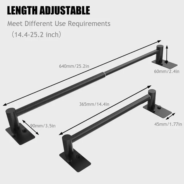 Alt view image 3 of 6 - Towel Bar, Adhesive or Drill Wall Mount, Matte Black, 1 Pack | Adjustable 14.4 to 25.2 Inch, 304 Stainless Steel Hand Towel Holder, Square Base Towel Racks for Bathroom, Kitchen Use