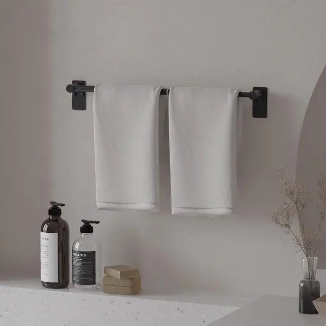 Alt view image 4 of 6 - Towel Bar, Adhesive or Drill Wall Mount, Matte Black, 1 Pack | Adjustable 14.4 to 25.2 Inch, 304 Stainless Steel Hand Towel Holder, Square Base Towel Racks for Bathroom, Kitchen Use