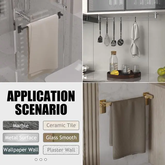 Alt view image 6 of 6 - Towel Bar, Adhesive or Drill Wall Mount, Matte Black, 1 Pack | Adjustable 14.4 to 25.2 Inch, 304 Stainless Steel Hand Towel Holder, Square Base Towel Racks for Bathroom, Kitchen Use