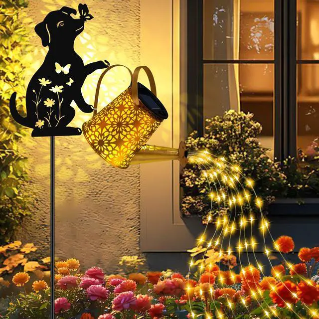 Alt view image 2 of 7 - Solar Lights Outdoor Decorative, Watering Can with Cascading Lights, with Dog Silhouette Garden Stakes, Gifts for Mom Women, Waterproof Metal Garden Decor for Yard Art, Outside(1 Pack)