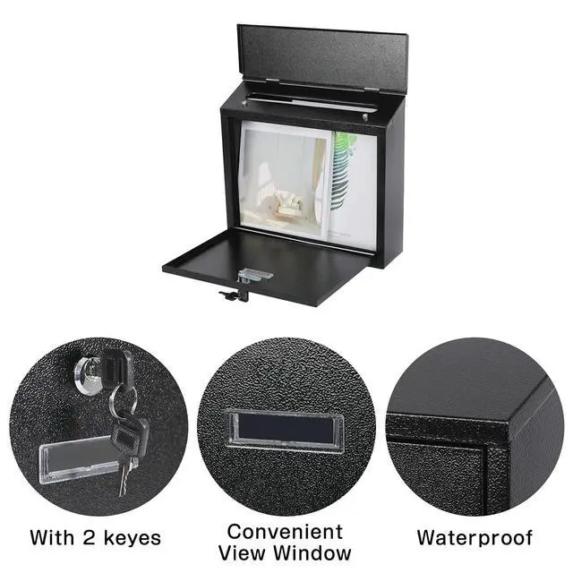 Alt view image 3 of 7 - Mail Boxes with Key Lock,Locking Mailbox Wall Mounted,Security Mailbox with Lock and Key,Large Capacity,Steel Cover Metal Postbox for House,14.2X 4X 12.6 Inch, Black
