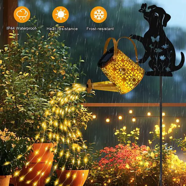 Alt view image 3 of 7 - Solar Lights Outdoor Decorative, Watering Can with Cascading Lights, with Dog Silhouette Garden Stakes, Gifts for Mom Women, Waterproof Metal Garden Decor for Yard Art, Outside(1 Pack)