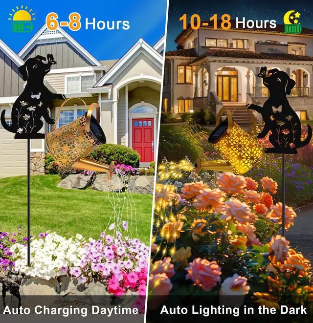 Alt view image 4 of 7 - Solar Lights Outdoor Decorative, Watering Can with Cascading Lights, with Dog Silhouette Garden Stakes, Gifts for Mom Women, Waterproof Metal Garden Decor for Yard Art, Outside(1 Pack)