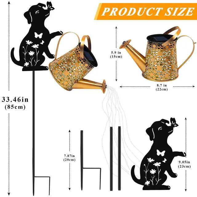 Alt view image 5 of 7 - Solar Lights Outdoor Decorative, Watering Can with Cascading Lights, with Dog Silhouette Garden Stakes, Gifts for Mom Women, Waterproof Metal Garden Decor for Yard Art, Outside(1 Pack)