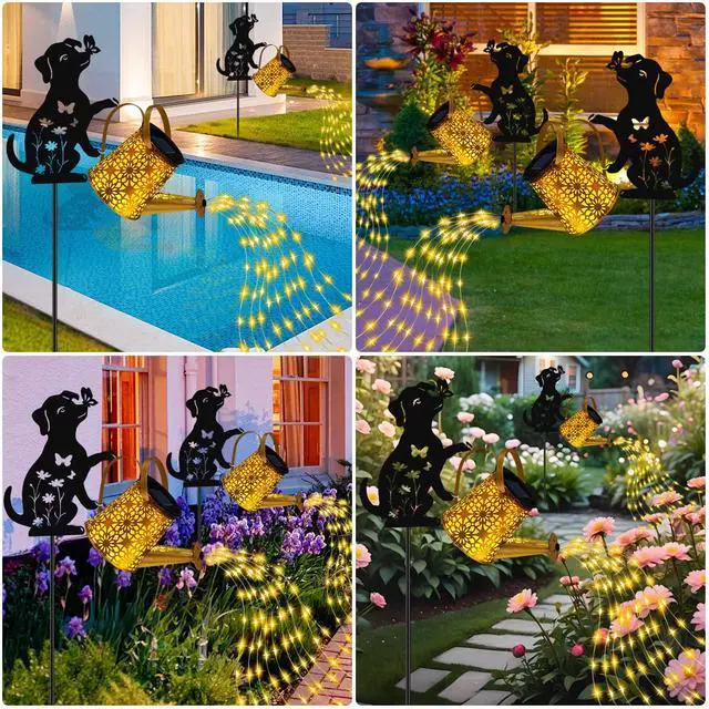 Alt view image 6 of 7 - Solar Lights Outdoor Decorative, Watering Can with Cascading Lights, with Dog Silhouette Garden Stakes, Gifts for Mom Women, Waterproof Metal Garden Decor for Yard Art, Outside(1 Pack)