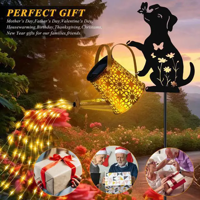 Alt view image 7 of 7 - Solar Lights Outdoor Decorative, Watering Can with Cascading Lights, with Dog Silhouette Garden Stakes, Gifts for Mom Women, Waterproof Metal Garden Decor for Yard Art, Outside(1 Pack)