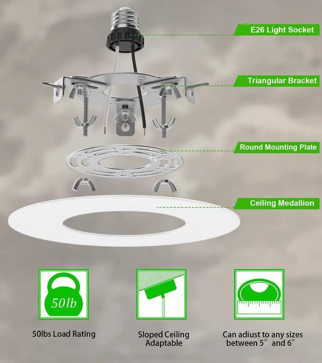 Alt view image 2 of 6 - Recessed Can Light Conversion Kit for 5" and 6" Ceiling Fixtures - Pendant/Hanging Light Upgrade, Compatible with Ceiling Fans, Includes 7¾" Flat Steel Medallion, White Finish