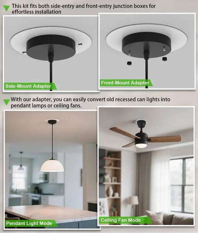 Alt view image 3 of 6 - Recessed Can Light Conversion Kit for 5" and 6" Ceiling Fixtures - Pendant/Hanging Light Upgrade, Compatible with Ceiling Fans, Includes 7¾" Flat Steel Medallion, White Finish