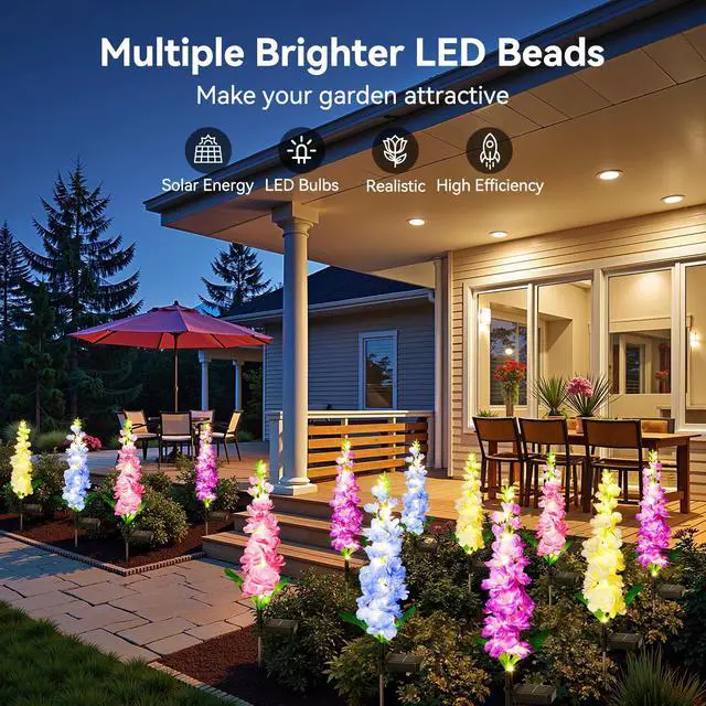 Alt view image 2 of 7 - Solar Lights Outdoor Garden Decor, 4 Pack Upgraded Delphinium Solar Garden Lights with 36 LEDs, Vivid Flowers Outdoor Waterproof for Landscape Patio Yard Decor