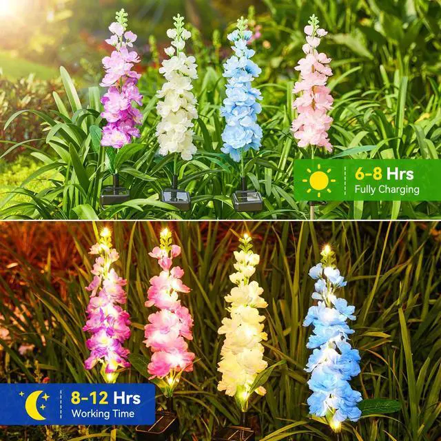 Alt view image 3 of 7 - Solar Lights Outdoor Garden Decor, 4 Pack Upgraded Delphinium Solar Garden Lights with 36 LEDs, Vivid Flowers Outdoor Waterproof for Landscape Patio Yard Decor