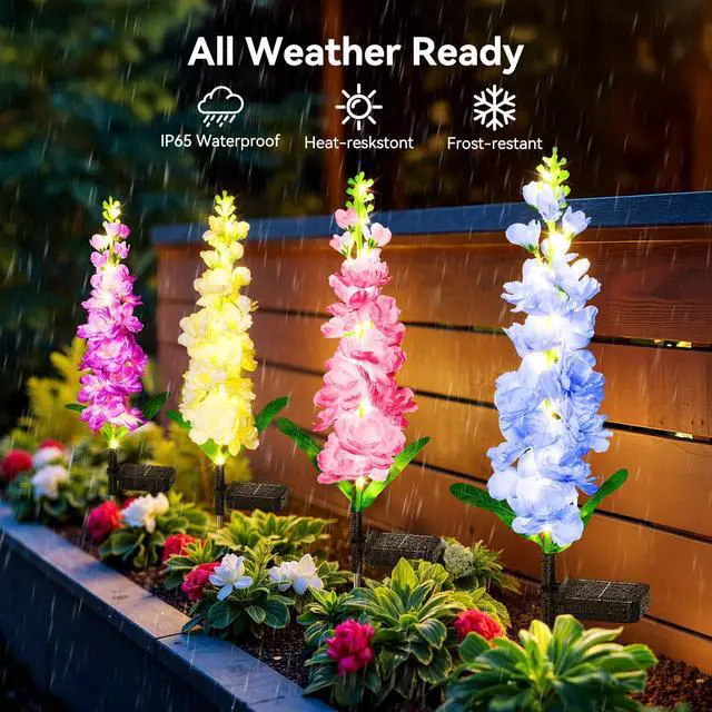 Alt view image 4 of 7 - Solar Lights Outdoor Garden Decor, 4 Pack Upgraded Delphinium Solar Garden Lights with 36 LEDs, Vivid Flowers Outdoor Waterproof for Landscape Patio Yard Decor