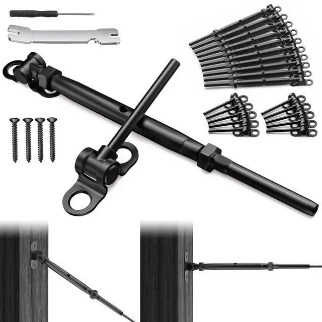 Main image of 10 Pair 1/8" Black Cable Railing Kit Swage Toggle Turnbuckle Hardware | Adjustable Angle T316 Stainless Steel Cable Railing Kits for 2"x2", 4"x4" Wood Posts, Black Deck Railing Kit for Stairs