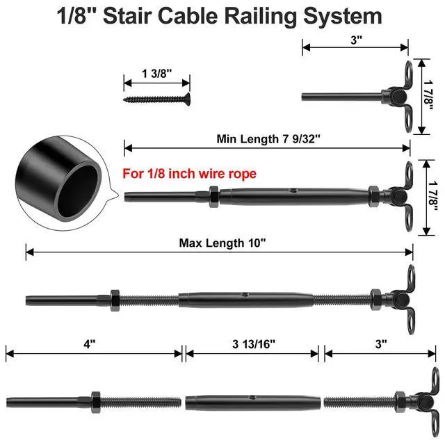 Alt view image 2 of 7 - 10 Pair 1/8" Black Cable Railing Kit Swage Toggle Turnbuckle Hardware | Adjustable Angle T316 Stainless Steel Cable Railing Kits for 2"x2", 4"x4" Wood Posts, Black Deck Railing Kit for Stairs
