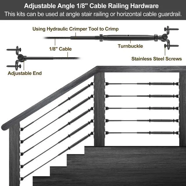 Alt view image 4 of 7 - 10 Pair 1/8" Black Cable Railing Kit Swage Toggle Turnbuckle Hardware | Adjustable Angle T316 Stainless Steel Cable Railing Kits for 2"x2", 4"x4" Wood Posts, Black Deck Railing Kit for Stairs
