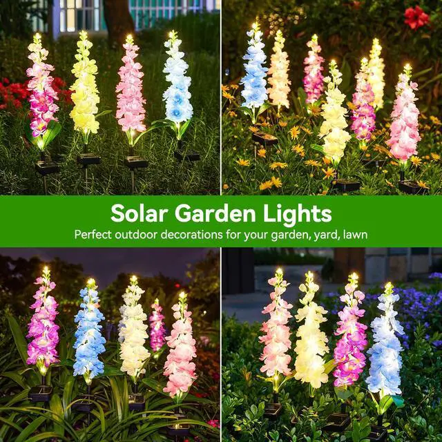 Alt view image 6 of 7 - Solar Lights Outdoor Garden Decor, 4 Pack Upgraded Delphinium Solar Garden Lights with 36 LEDs, Vivid Flowers Outdoor Waterproof for Landscape Patio Yard Decor