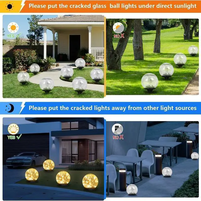 Alt view image 4 of 7 - Solar Garden Lights Outdoor Waterproof, Landscape Garden Decor | 6 Pack, Auto On/Off Cracked Glass Ball Light, Warm White Solar Globe Lights for Pathway/Patio/Lawn/Yard & Gardening Gift